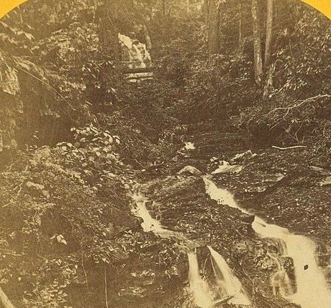 Nineteenth-century view of a stream falling through boulders and thick woodland at Glen Onoko.