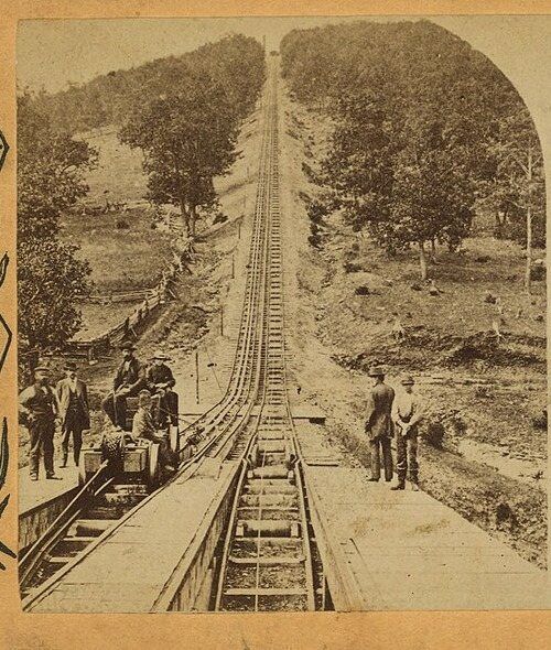 Men standing beside the track of the Switchback Gravity Railroad on a steep wooded incline, in a 19th-century stereograph.