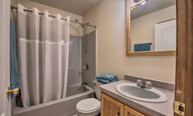 Bathroom with a shower over the bath, a wood-framed mirror and vanity.